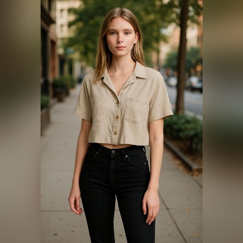 NWT ZARA Button Front Cropped Linen Blouse - Picture 1 of 7